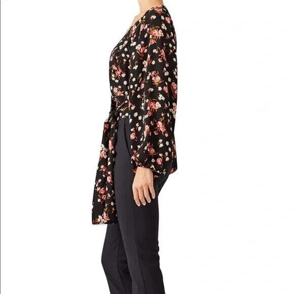 A.L.C. Carla Floral Print Wrap Top Size 2 Black Pink 100% Silk Crepe Blouse - Picture 4 of 15